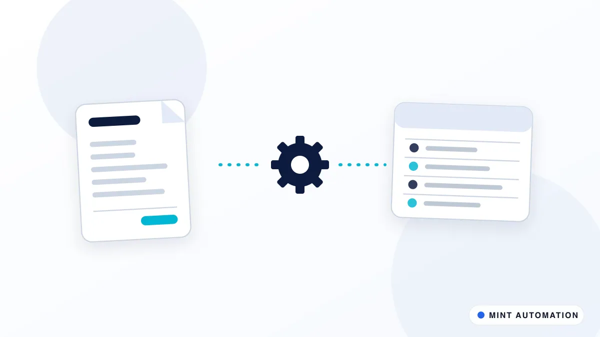 Illustration of supplier invoices passing through an automation gear into an accounting ledger, with MINT Automation branding.